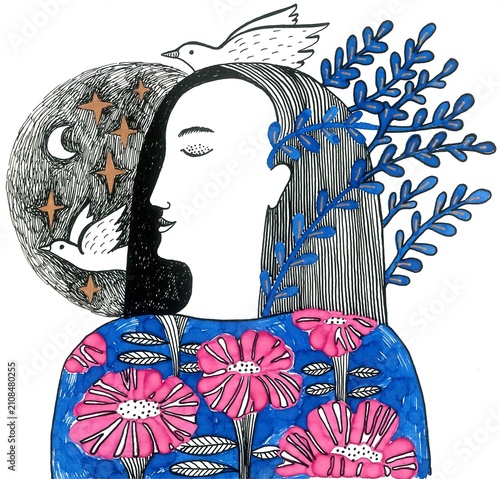 Hand-drawn ink illustration of a girl looking up at the sky.