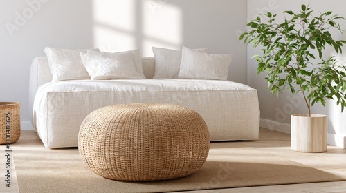 White minimalist sofa and round wicker ottoman interior