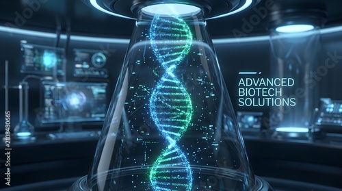 Advanced Biotech Solutions with Holographic Glowing DNA Helix in High-Tech Lab