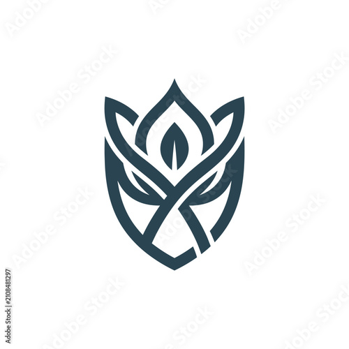 Abstract geometric floral shield emblem.