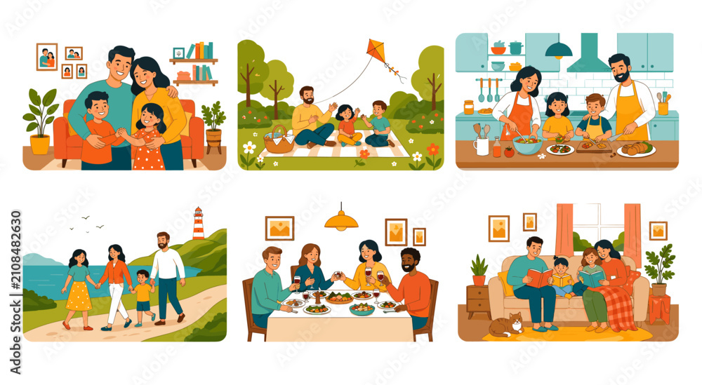 Fototapeta premium Set of six depicting happy family activities, including dining, cooking, reading, picnicking, and walking by the sea