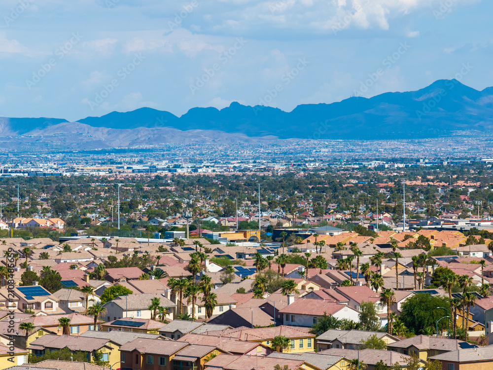 Fototapeta premium Aerial shot of homes at Desert Breeze park in Las Vegas Nevada USA