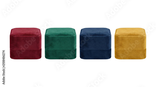 Four square velvet decorative pouf ottomans in different rich colors high quality 4K PNG image high quality 4K PNG image in white background