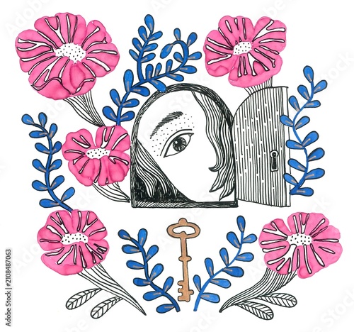 
Hand-drawn ink illustration of a girl looking through a small door.