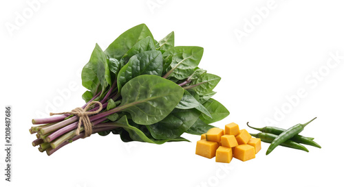 Bild auf Leinwand Fresh bunch of spinach leaves with cubed pumpkin and green chilies high quality