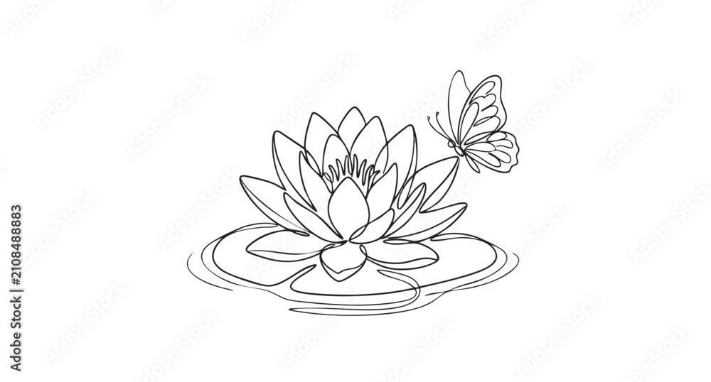 Obraz premium Minimalist Continuous Line Drawing of a Water Lily Flower with a Delicate Butterfly Perched on Petals for Zen Meditation and Spa Wellness Concepts