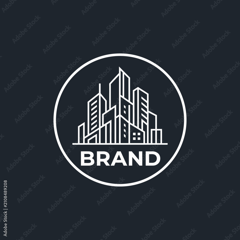 Fototapeta premium Geometric city buildings circular emblem for urban branding.