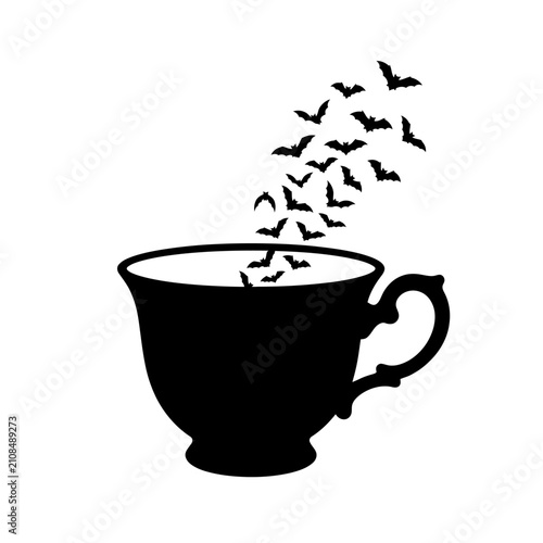 Halloween, Gothic black teacup silhouette with flying bats, spooky halloween tea cup vector illustration, dark aesthetic coffee mug icon isolated on White Background