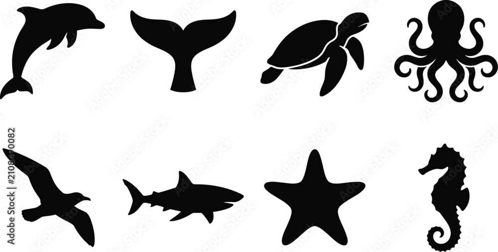 Obraz premium Sea animal silhouette icon set featuring dolphin whale tail turtle octopus shark and seahorse on white background