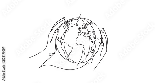 Minimalist Continuous Line Drawing of Human Hands Cupping Planet Earth Symbolizing Global Care Protection Unity Environment Preservation