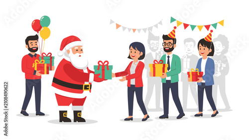 Fotografie Santa Claus Giving Presents at a Christmas Party: A jolly Santa Claus, dressed in his iconic red suit, distributes gifts to eager recipients at a festive Christmas party, surrounded by balloons