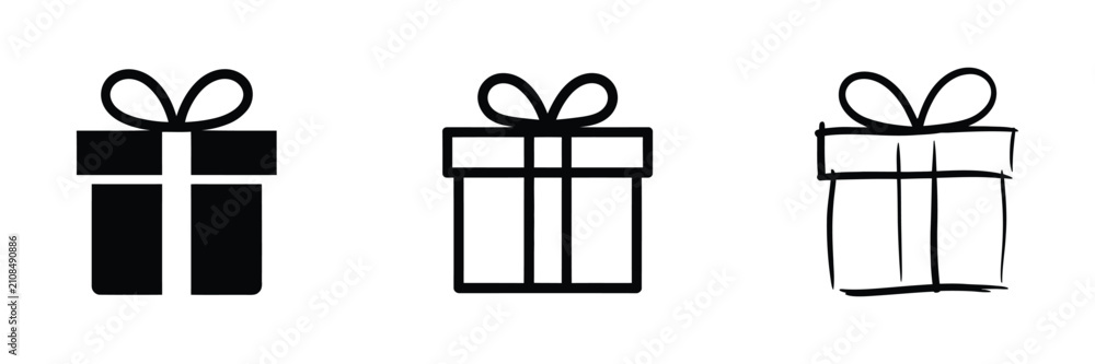 Obraz premium Present icons illustrating gift boxes in flat, linear, and hand drawn doodle styles with clean minimalist vector graphics for holiday decorations, festive events, celebration themes, greeting cards, p