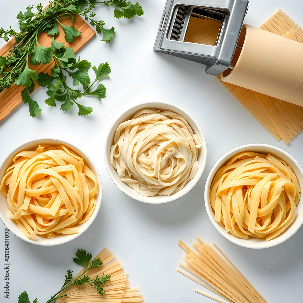 Obraz premium Three types of fresh pasta with pasta maker and herbs
