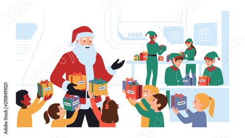 Cuadro en lienzo Santa Claus and Elves Distributing Gifts: A heartwarming scene of Santa Claus and his cheerful elves joyfully handing out presents to eager children