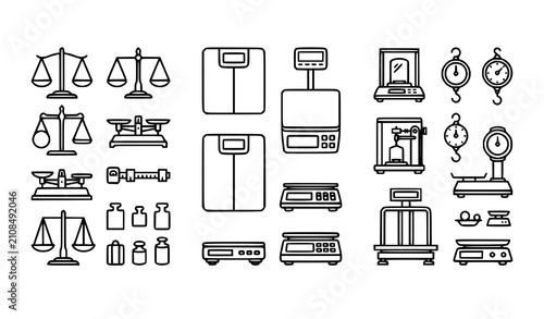 Fotografie Weighing scales bundle and mass measurement outline icon set featuring balance scales, bathroom scales, calibration weights, hanging spring scales, and digital laboratory scales