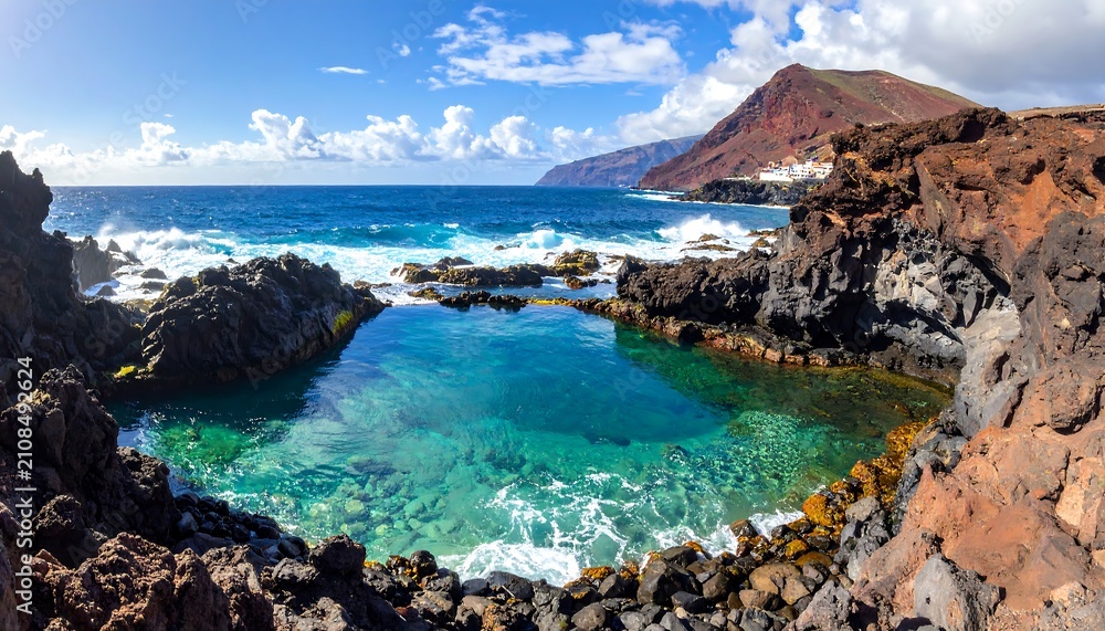 Obraz premium Panoramic view of a natural coastal pool with crystal-clear turquoise water, rocky formations, and a distant mountain
