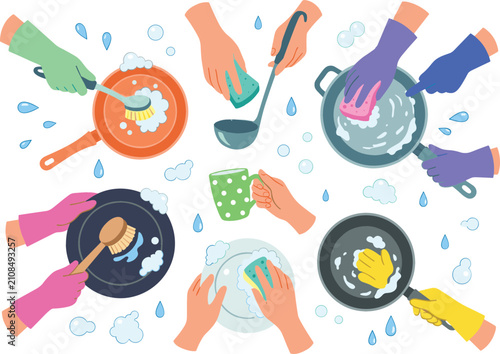 Foto Hands in gloves washing dishes vector set with soapy foam bubbles water splashes
