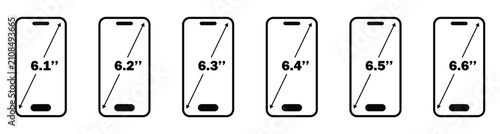 Smartphone Screen Size Comparison Icons 6.1 Inch, 6.2 Inch, 6.3 Inch, 6.4 Inch, 6.5 Inch and 6.6 Inch Mobile Display Outline Set, Phone Dimensions Guide Isolated on White Background Vector