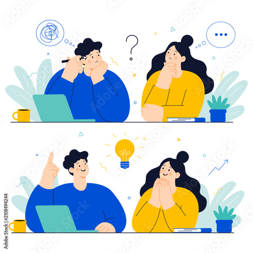 A man and a woman are sitting at their laptops, pondering a question. They find the solution, and a light bulb turns on. A flat vector illustration in a trendy style. Vector illustration