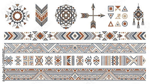 Tribal Patterns and Symbols: A collection of geometric tribal patterns, including circular motifs, chevron designs, arrows, and decorative borders, showcasing ethnic and bohemian aesthetics.