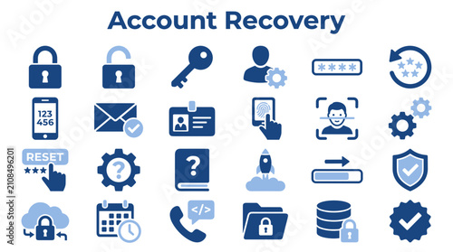 Account recovery and digital security icons set featuring password reset verification and identity protection symbols in blue color