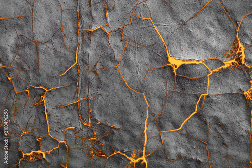Macro shot of orange glowing cracks on grey textured wall background.