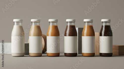 Protein coffee bottles in different shades stand in a row with blank labels, showing ready to drink healthy coffee beverage variety