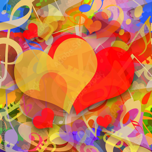 Hearts and music bright colorful design