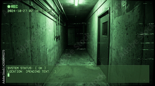 Eerie Hallway Surveillance: A dimly lit, concrete hallway, captured with a grainy, night-vision effect reminiscent of surveillance footage, creates a chilling and mysterious atmosphere.