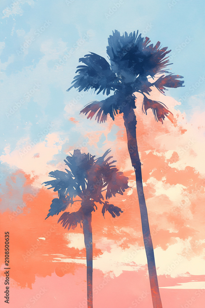Obraz premium Vertical watercolor illustration of two palm tree silhouettes against a sunset sky. Blue and orange tropical cloudscape