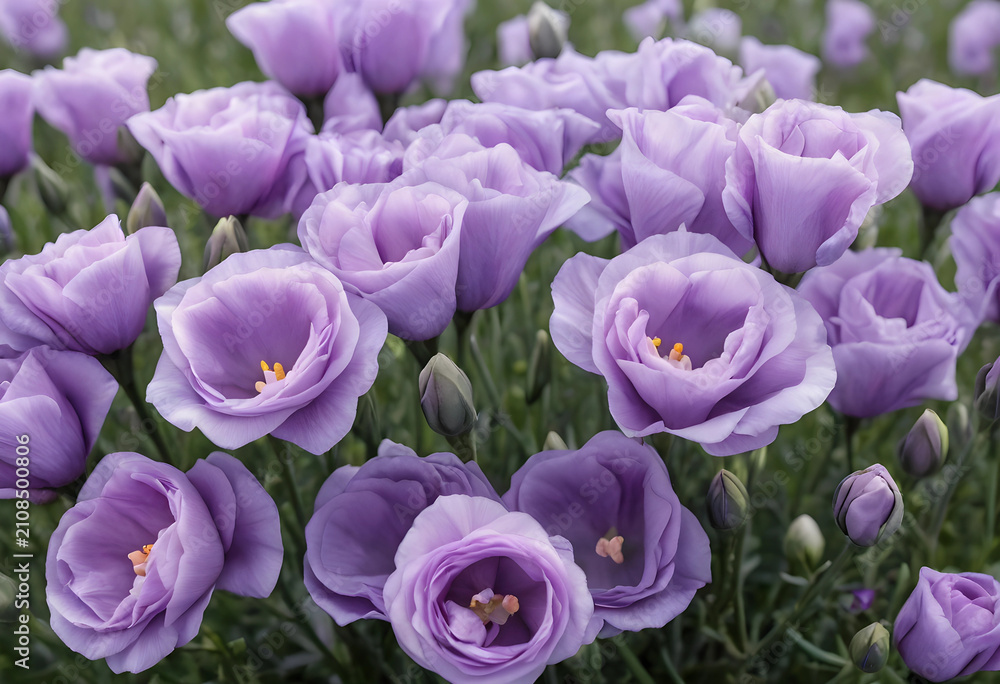 Obraz premium Close-up of blooming purple eustoma flowers in a natural field
