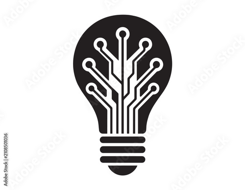 Billede på lærred Light bulb silhouette containing circuit board pattern on a white background