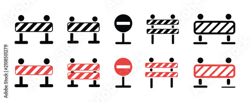 Foto Road construction barrier icons featuring traffic barricade, no entry, and roadw