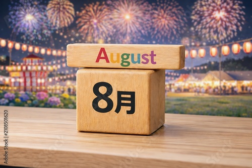 8月の夏祭り花火大会と木製ブロックカレンダーが季節感を演出