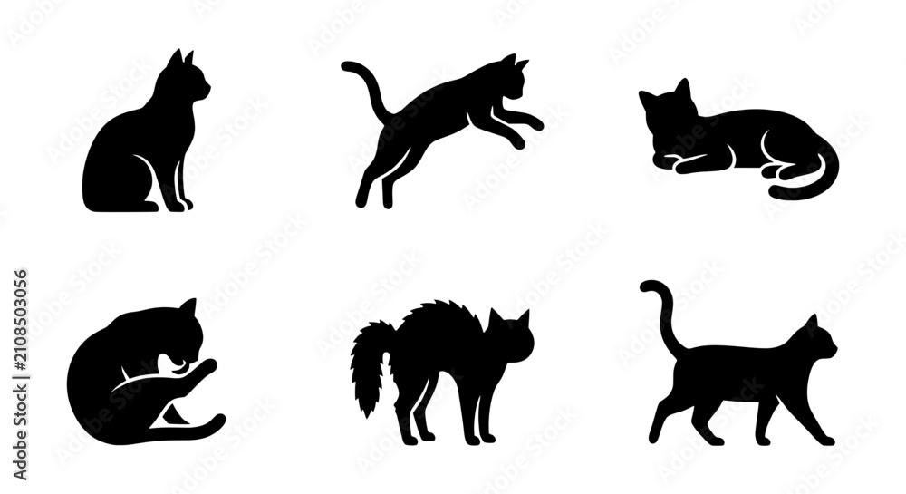 Obraz premium Black Cat Silhouettes: Six Feline Poses, Vector Icons for Pet Lovers, Animal Graphics