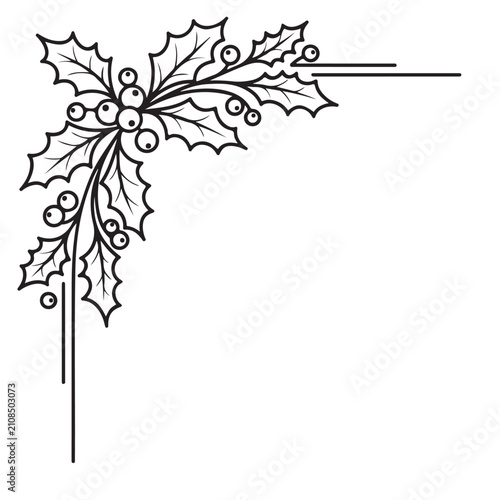 Holly branch corner border with leaves and berries black line art vector for Christmas holiday decoration and invitation design