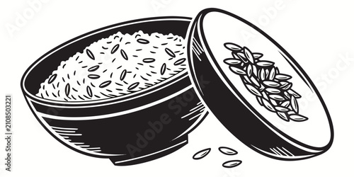 Obraz na plátne Black rice bowl with spoon, isolated on white background, silhouette style woode
