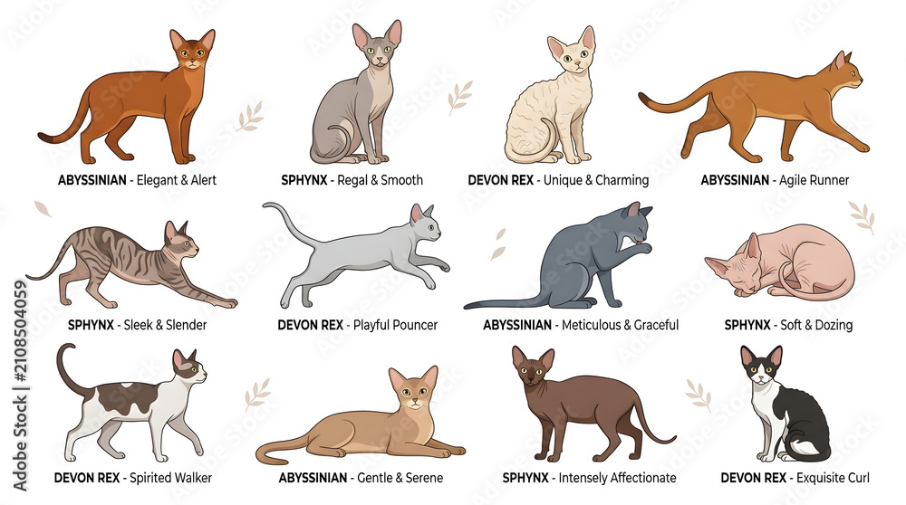 Obraz premium Variety of Cat Breeds: An illustration showcasing twelve distinct cat breeds, each with unique features and descriptive labels, representing the diversity within feline companions.