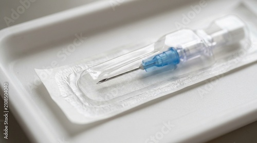IV catheter needle resting in its sterile packaging | Medical Equipment Close-Up Stock Photo