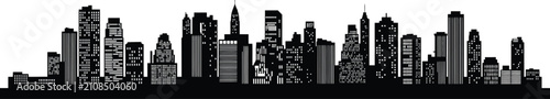 Fotografía Black silhouette of a city skyline with numerous buildings and illuminated windo