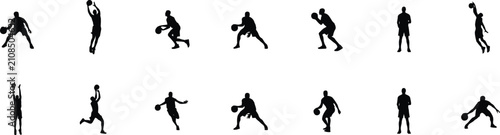 Tableau sur toile Black silhouettes of basketball players in various action poses