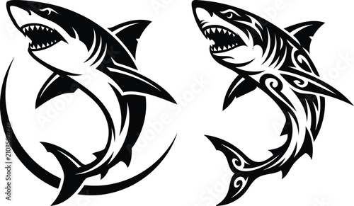 Two black shark silhouettes with tribal designs on a white background for marine life illustrations