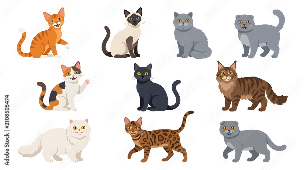 Fototapeta premium Collection of Adorable Felines: A delightful assortment of cat breeds, each with unique markings and poses, showcased in a charming arrangement.