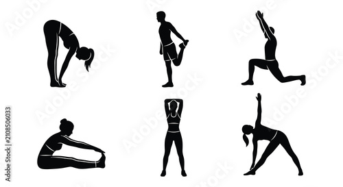Canvastavla Human silhouettes performing stretching exercises black vector illustration