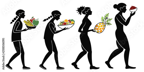Black silhouettes of people holding healthy food isolated walking figures fruits