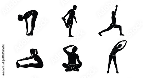 Fotografie Human silhouettes performing stretching exercises black vector illustration