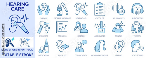Hearing care and audiometry icons in a two-color line style. This symbol set includes elements for ear protection, hearing aid and sound testing elements and more. Editable stroke.