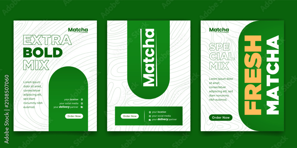 Obraz premium Set of social media post template in white and green background for matcha drink advertisement