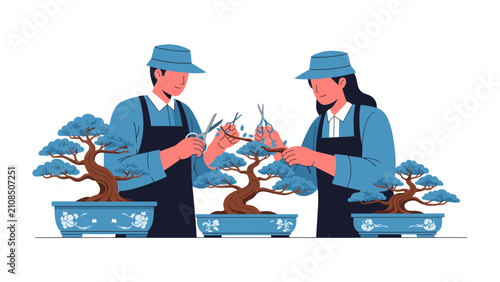 Принти на полотні Bonsai Mastery: Two individuals wearing hats and aprons meticulously tend to miniature trees in decorative pots, demonstrating the art of bonsai cultivation with precision and care