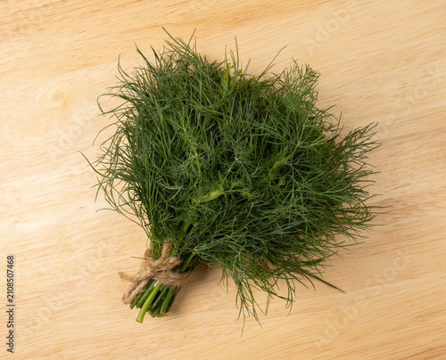 Cuadro en lienzo Fresh dill bunch tied with twine on wooden table